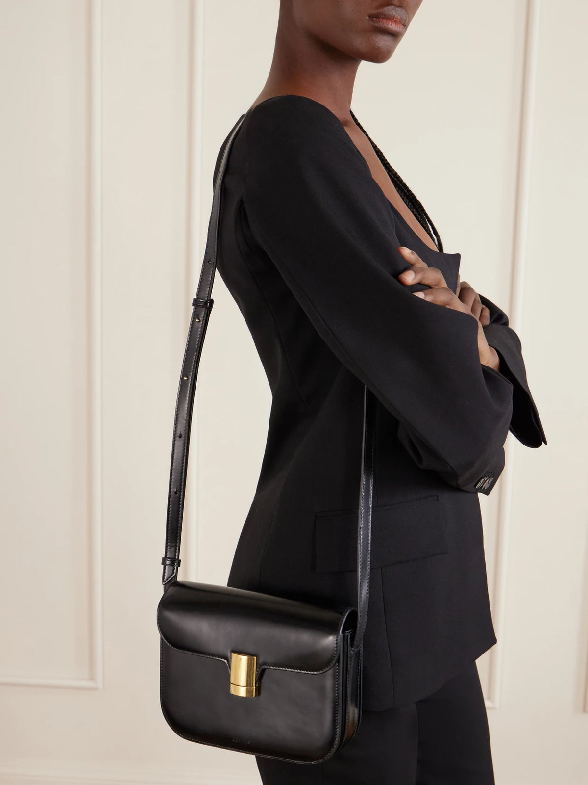 Image of Bags. Product name - Tilla Small Leather Shoulder Bag in Black colour by brand - Calvin Klein Collection