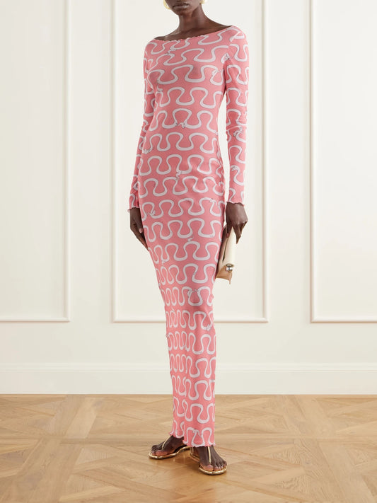 Image of Dresses. Product name - Printed Stretch-tulle Maxi Dress in Baby pink colour by brand - PUCCI