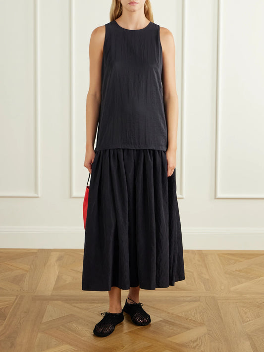 Image of Dresses. Product name - Cornelia Pleated Crinkled Shell Midi Dress in Black colour by brand - La Ligne