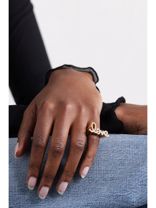 Image of Rings. Product name - Love Script 14-karat Gold Diamond Ring in Multi colour by brand - Sydney Evan
