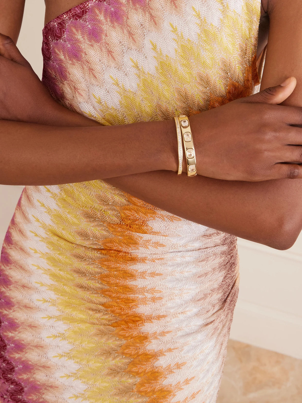 Image of Bracelets. Product name - The Cubic Hinged Set Of Two Gold-tone Cubic Zirconia, Crystal And Enamel Cuffs in Multi colour by brand - Roxanne Assoulin