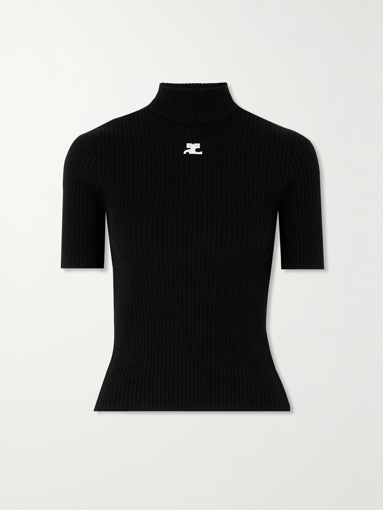 Image of a model wearing Outerwear. Product name - Embroidered Ribbed-knit Top in Black colour by brand - COURREGES
