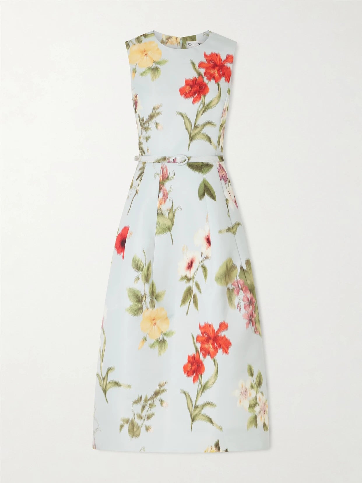 Image of Dresses. Product name - Belted Floral-print Faille Midi Dress in Light blue colour by brand - Oscar de la Renta