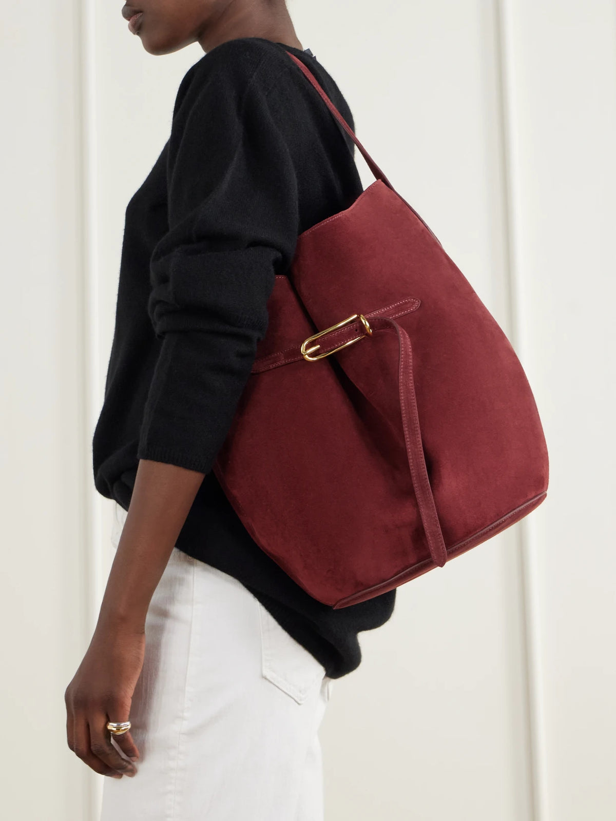 Image of Bags. Product name - Belted Bucket Suede Shoulder Bag in Burgundy, Army green colour by brand - Liffner