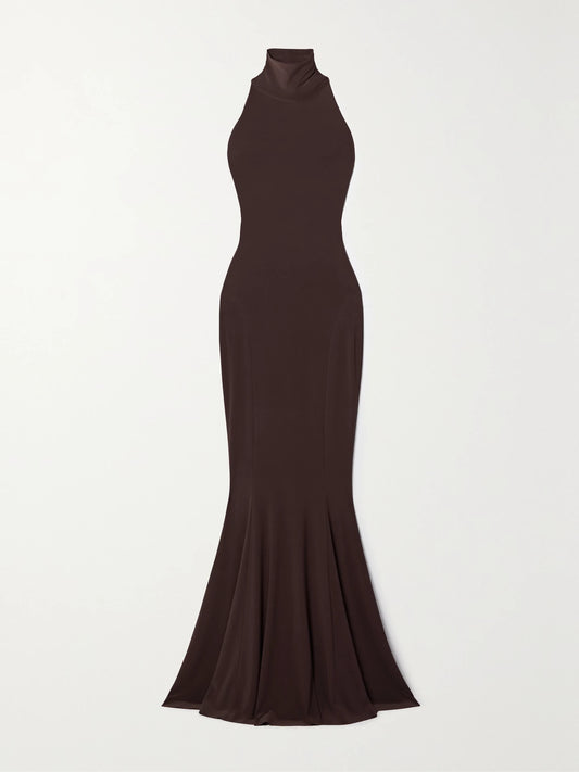 Image of Dresses. Product name - Stretch-jersey Turtleneck Gown in Chocolate colour by brand - Norma Kamali