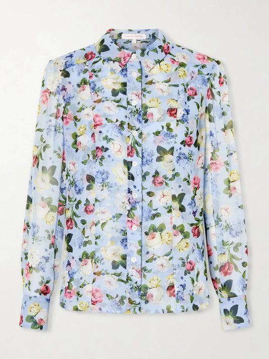Image of a model wearing Tops. Product name - Isabella Garden Floral-print Silk-chiiffon Blouse in Blue colour by brand - Carolina Herrera