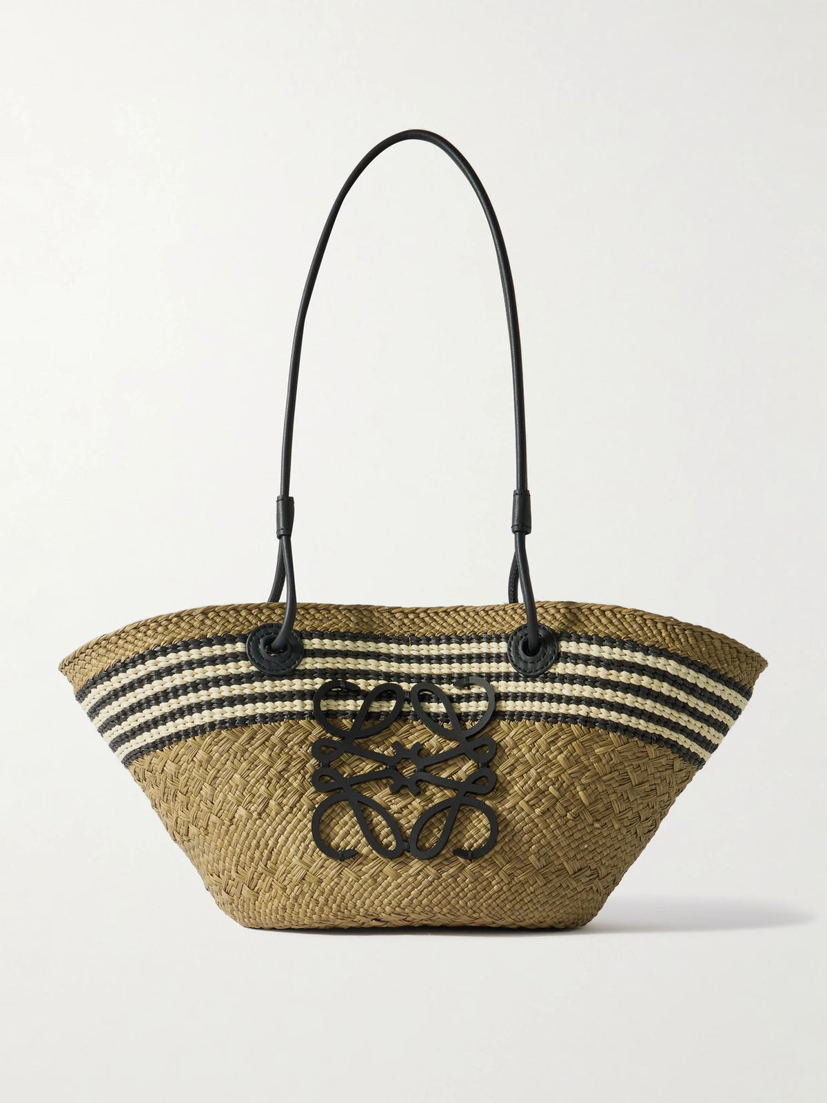 + Paula's Ibiza Anagram Basket Small Leather-trimmed Striped Raffia Tote