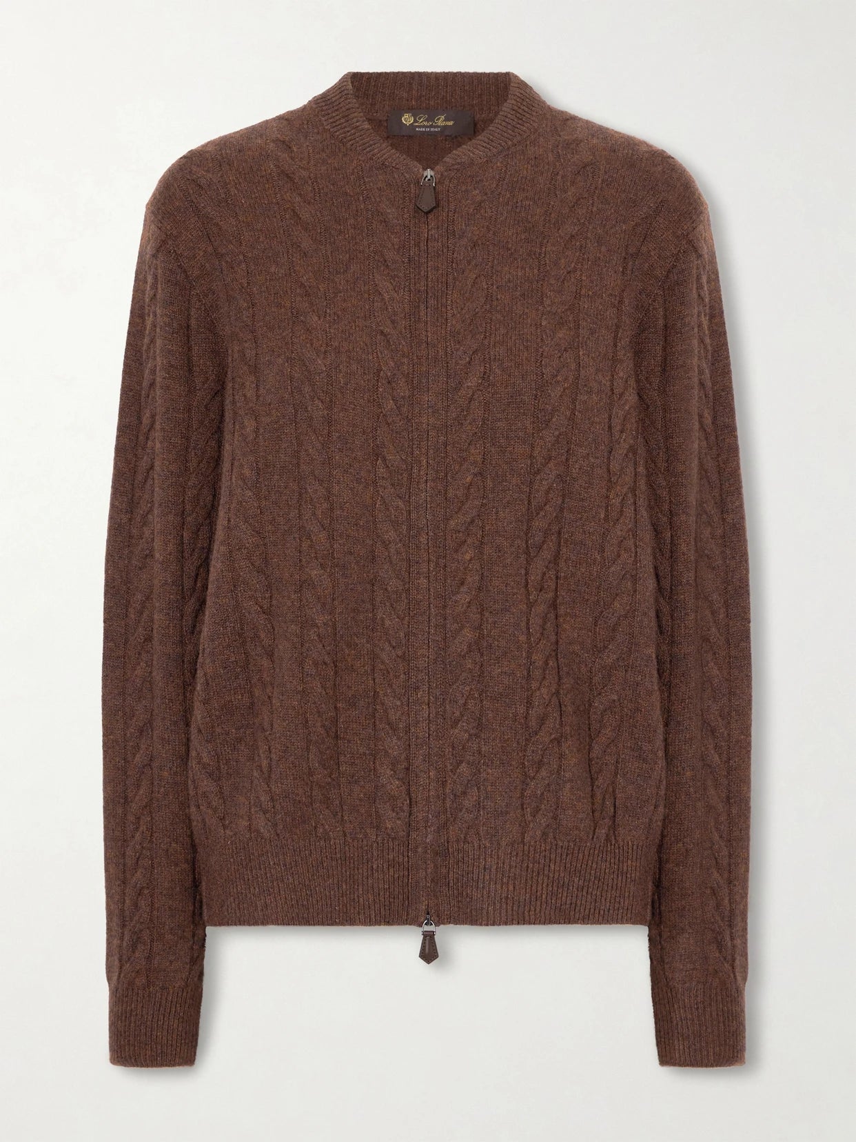 Image of a model wearing Outerwear. Product name - Cedar Cable-knit Cashmere Cardigan in Brown colour by brand - Loro Piana