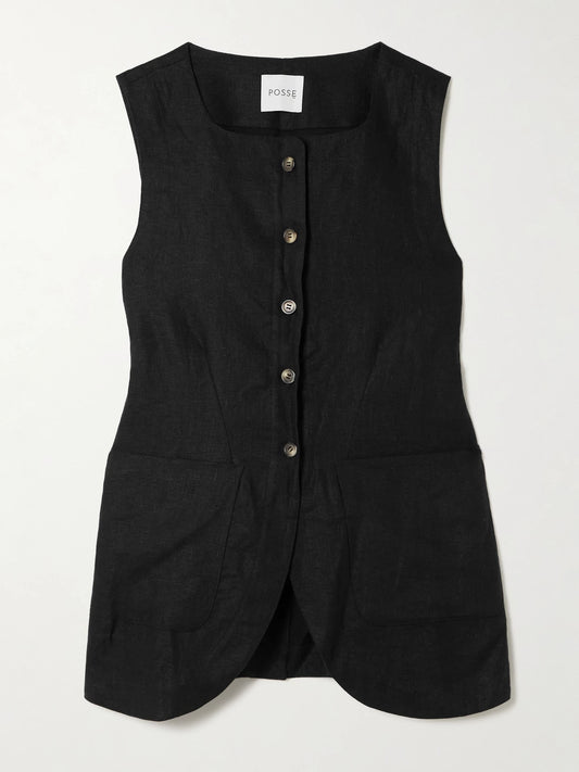 Image of Coats & Jackets. Product name - Emma Linen Vest in Black colour by brand - Posse