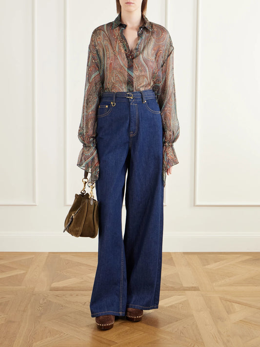 Image of a model wearing Tops. Product name - Ruffled Paisley-print Silk-blend Chiffon Blouse in Multi colour by brand - Etro
