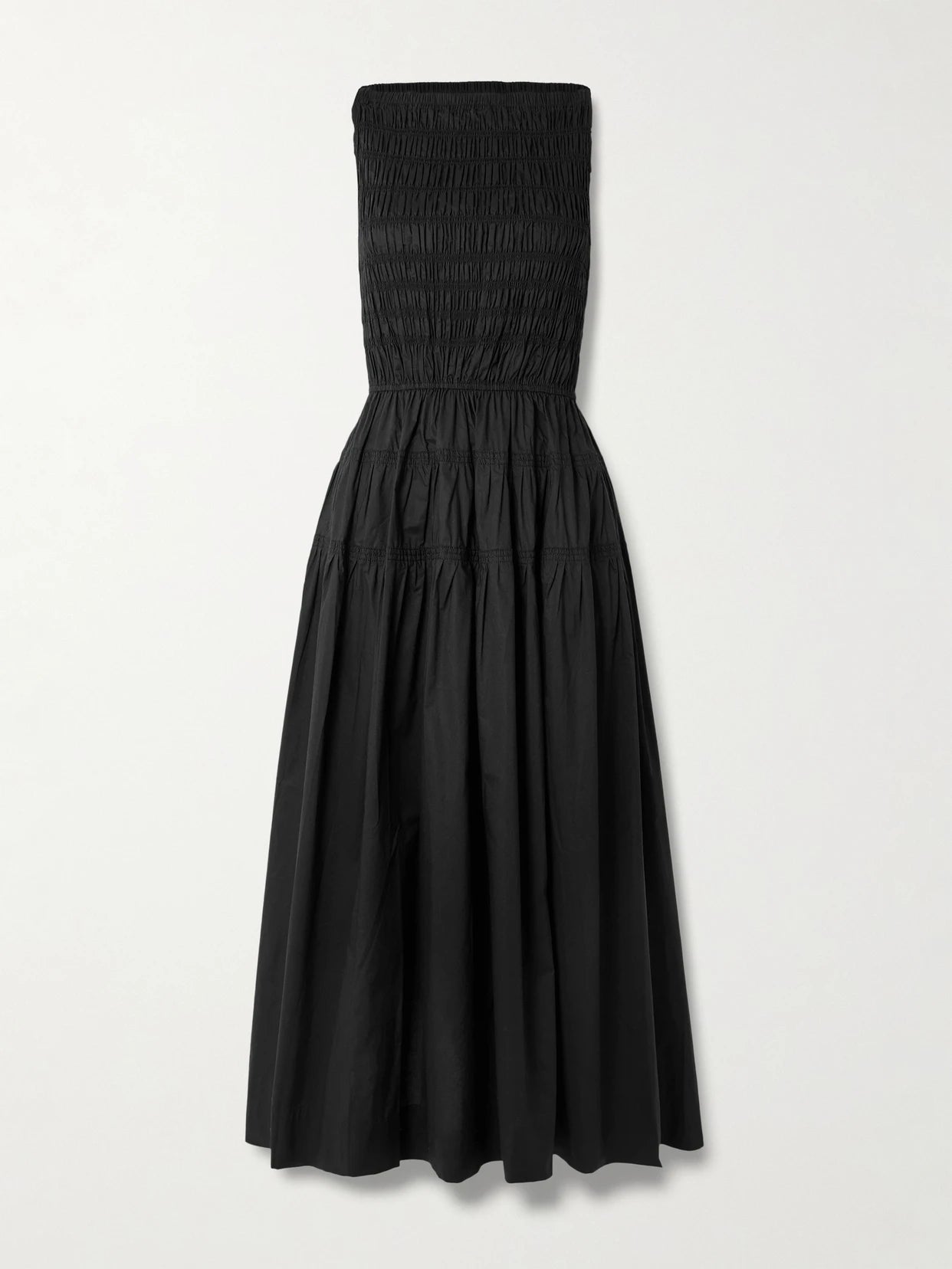 Image of Dresses. Product name - Melie Shirred Paneled Pleated Organic Cotton-poplin Midi Dress in Black colour by brand - DÔEN