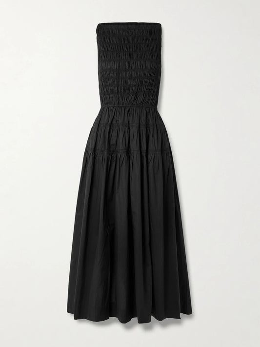 Image of Dresses. Product name - Melie Shirred Paneled Pleated Organic Cotton-poplin Midi Dress in Black colour by brand - DÔEN