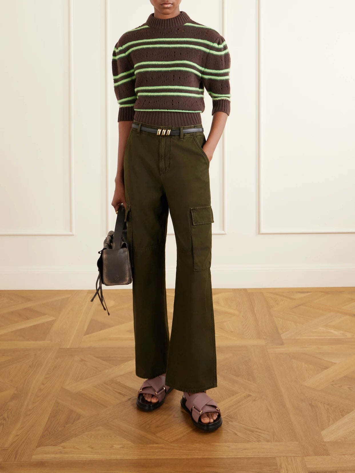 Image of a model wearing Outerwear. Product name - Cropped Striped Open-knit Cashmere Sweater in Brown colour by brand - Marni