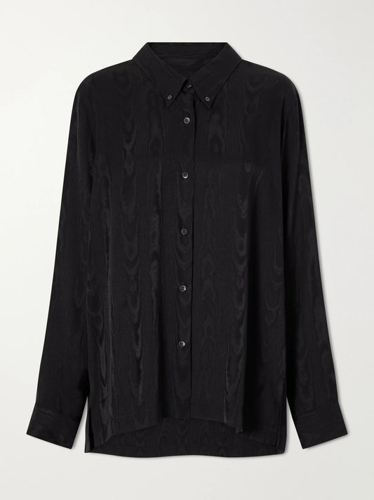 Image of a model wearing Tops. Product name - Moire Shirt in Black colour by brand - Dries Van Noten
