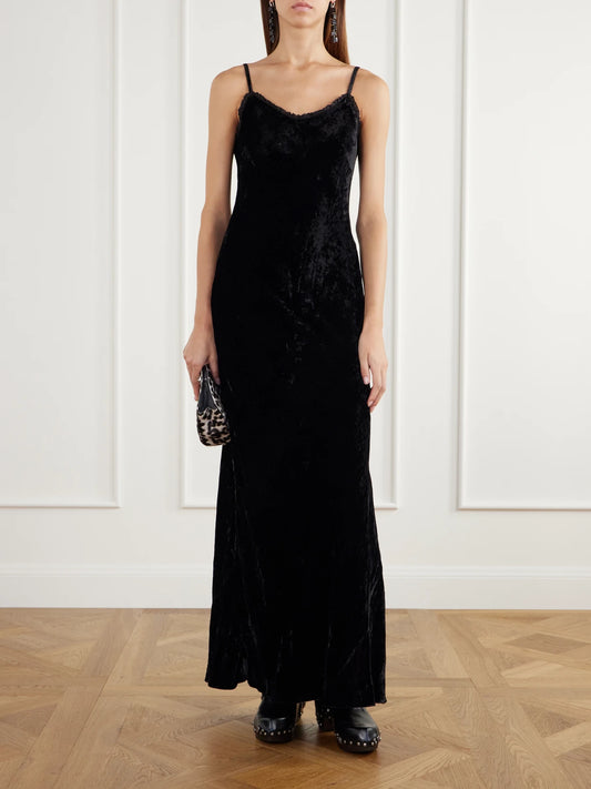 Image of Dresses. Product name - Athens Tulle-trimmed Velvet Maxi Dress in Black colour by brand - ALIX OF BOHEMIA
