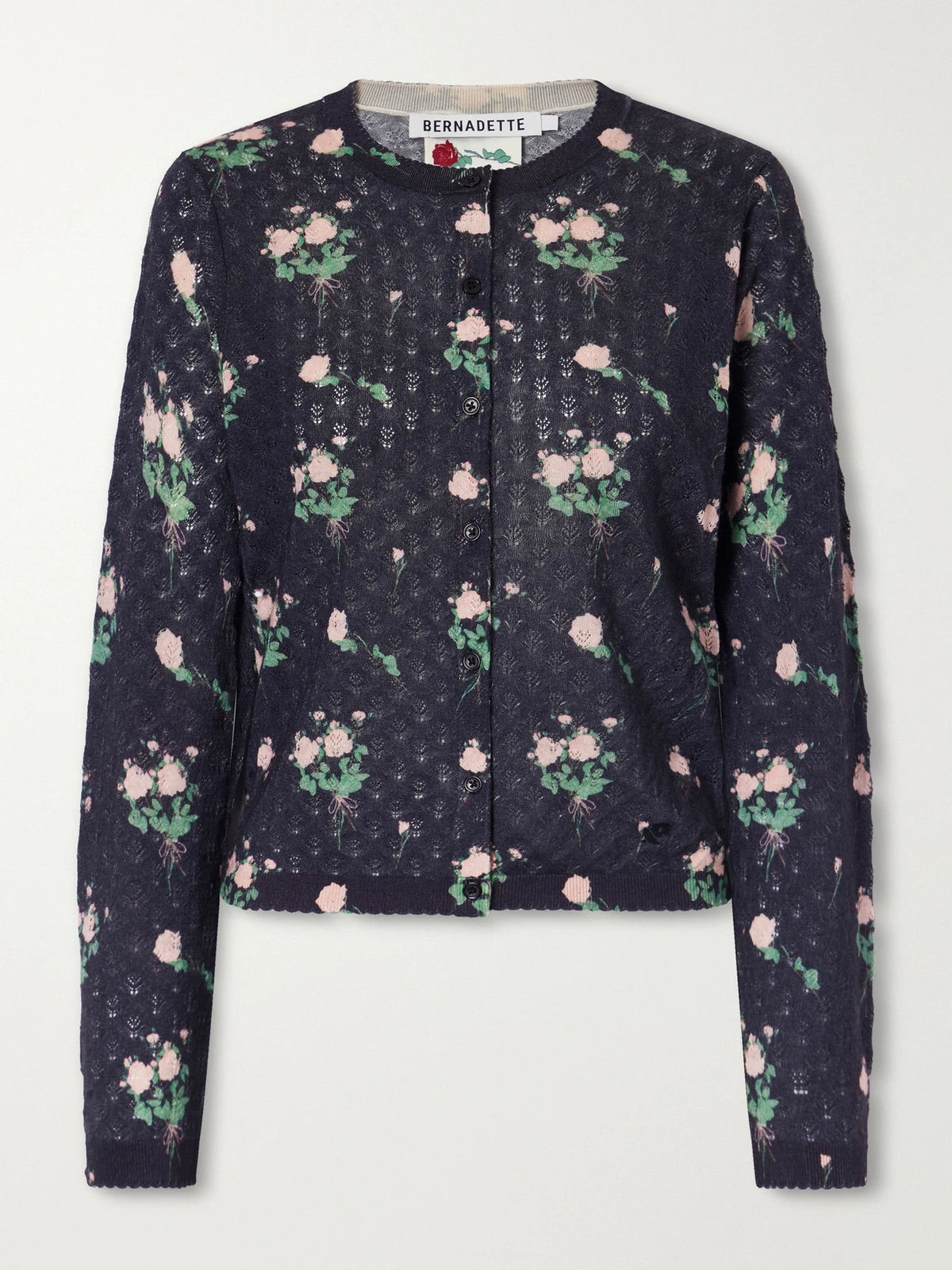 BERNADETTE Kira Floral-print Pointelle-knit Silk, Wool And Cashmere-blend Cardigan