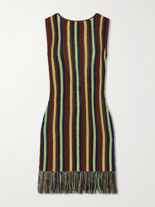 Image of Dresses. Product name - Misti Matcha Striped Fringe-trimmed Crocheted Cotton Mini Dress in Multi colour by brand - ESCVDO
