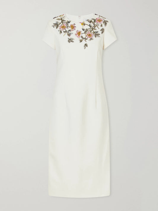 Oscar de la Renta Floral-embellished Wool-blend Crepe Midi Dress