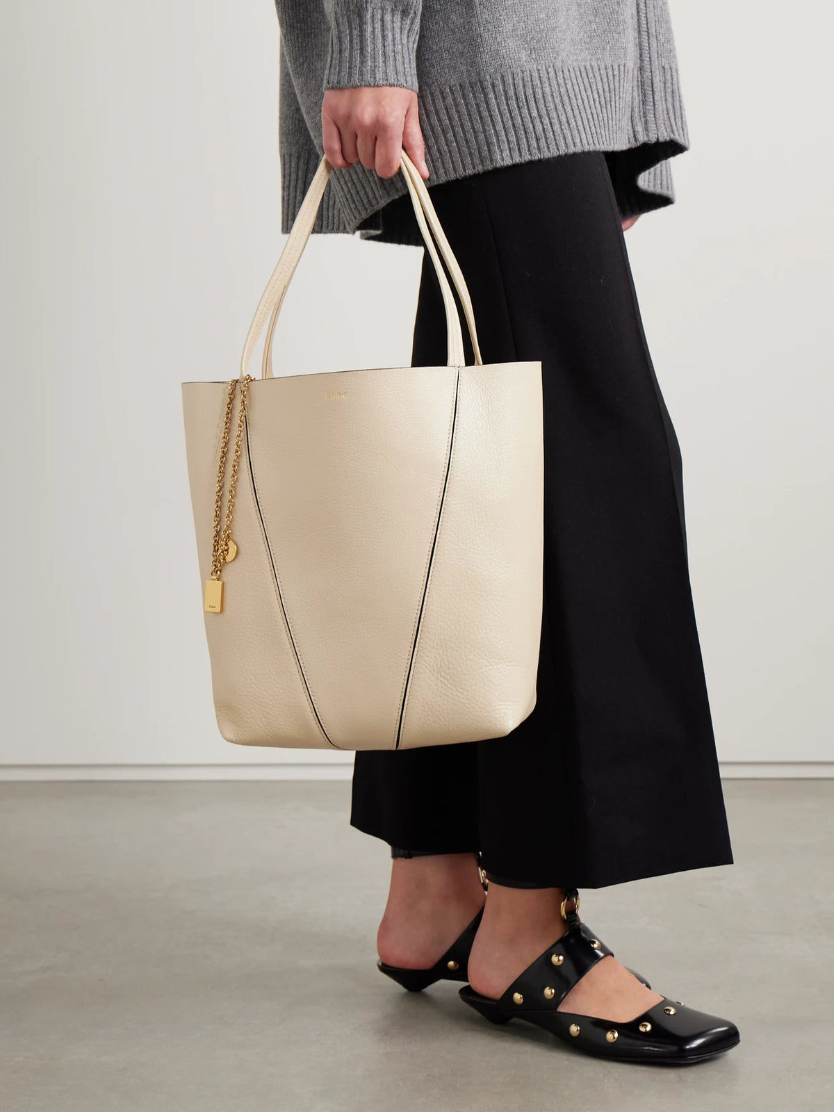 Image of Bags. Product name - Spin Embellished Textured-leather Tote in Ecru colour by brand - Chloé