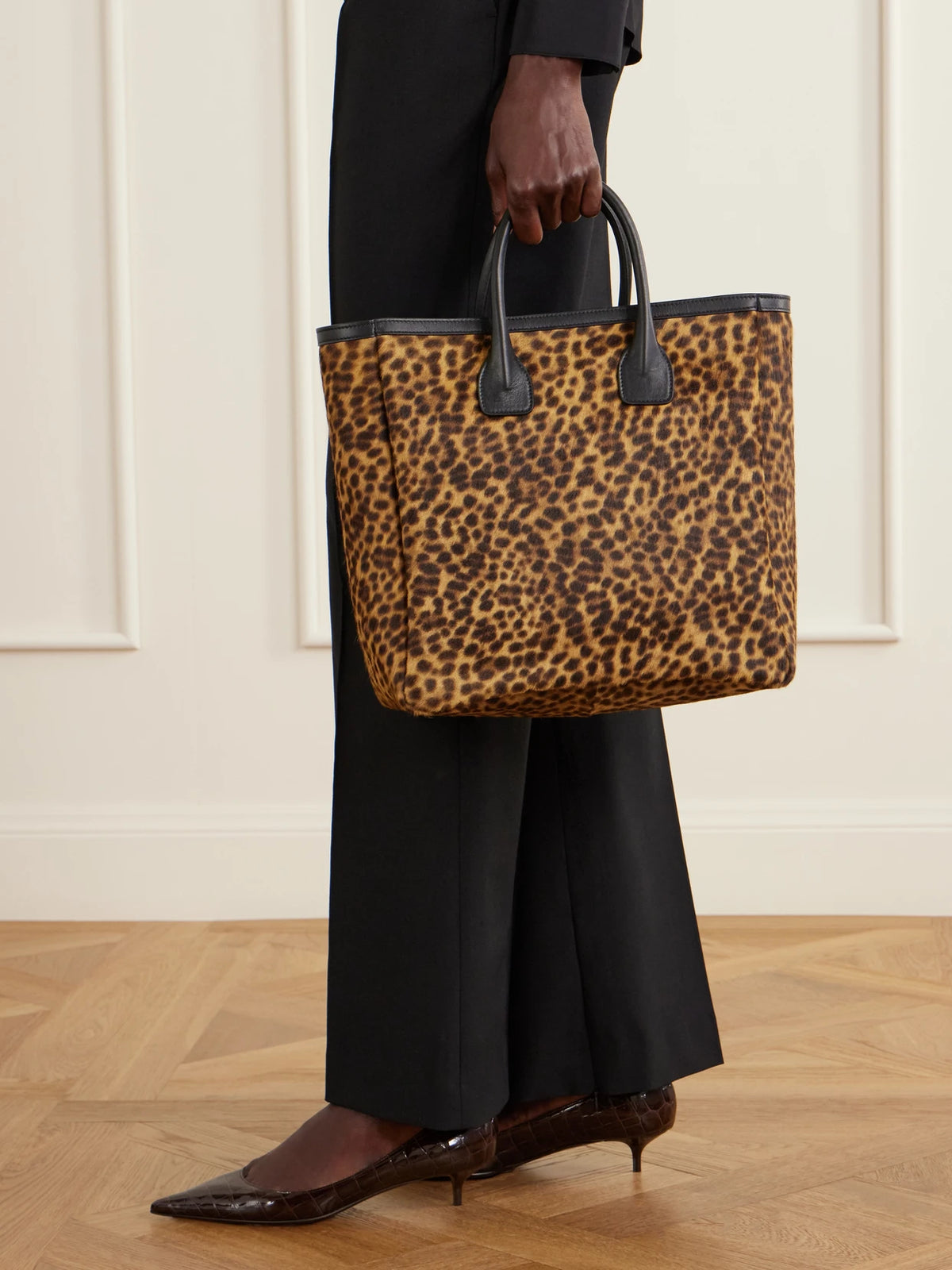 Image of Bags. Product name - Freddie Leather-trimmed Animal-print Calf Hair Tote in Leopard print colour by brand - Nili Lotan