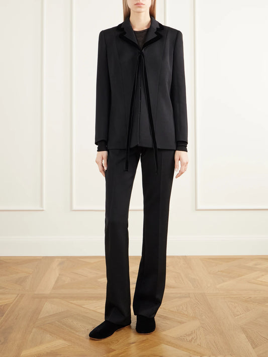 Image of Coats & Jackets. Product name - Celinde Velvet-trimmed Wool-blend Twill Jacket in Black colour by brand - The Row