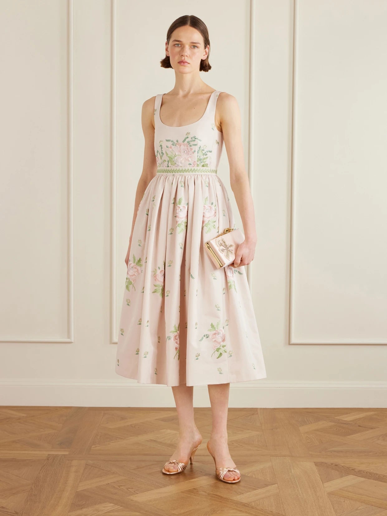 Image of Dresses. Product name - Floral-embroidered Cotton-faille Midi Dress in Pink colour by brand - Erdem