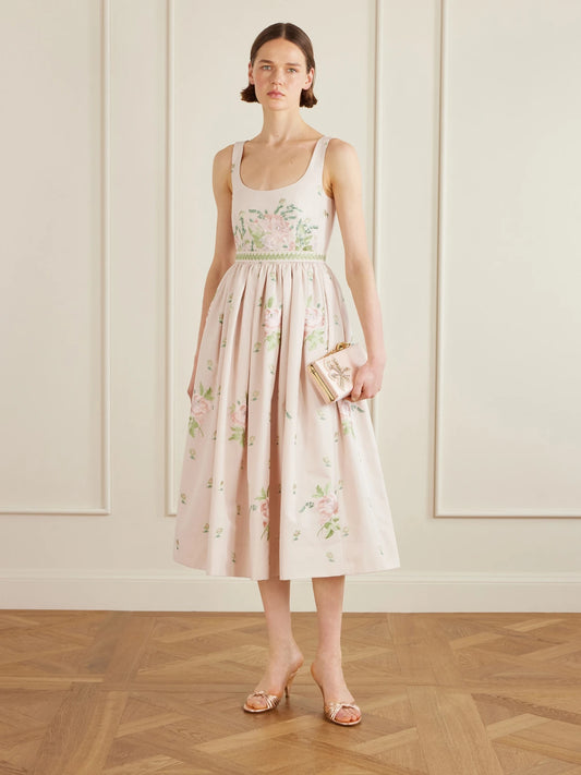Image of Dresses. Product name - Floral-embroidered Cotton-faille Midi Dress in Pink colour by brand - Erdem