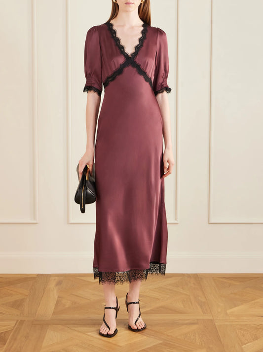 Image of Dresses. Product name - Annina Lace-trimmed Satin Midi Dress in Burgundy colour by brand - RIXO