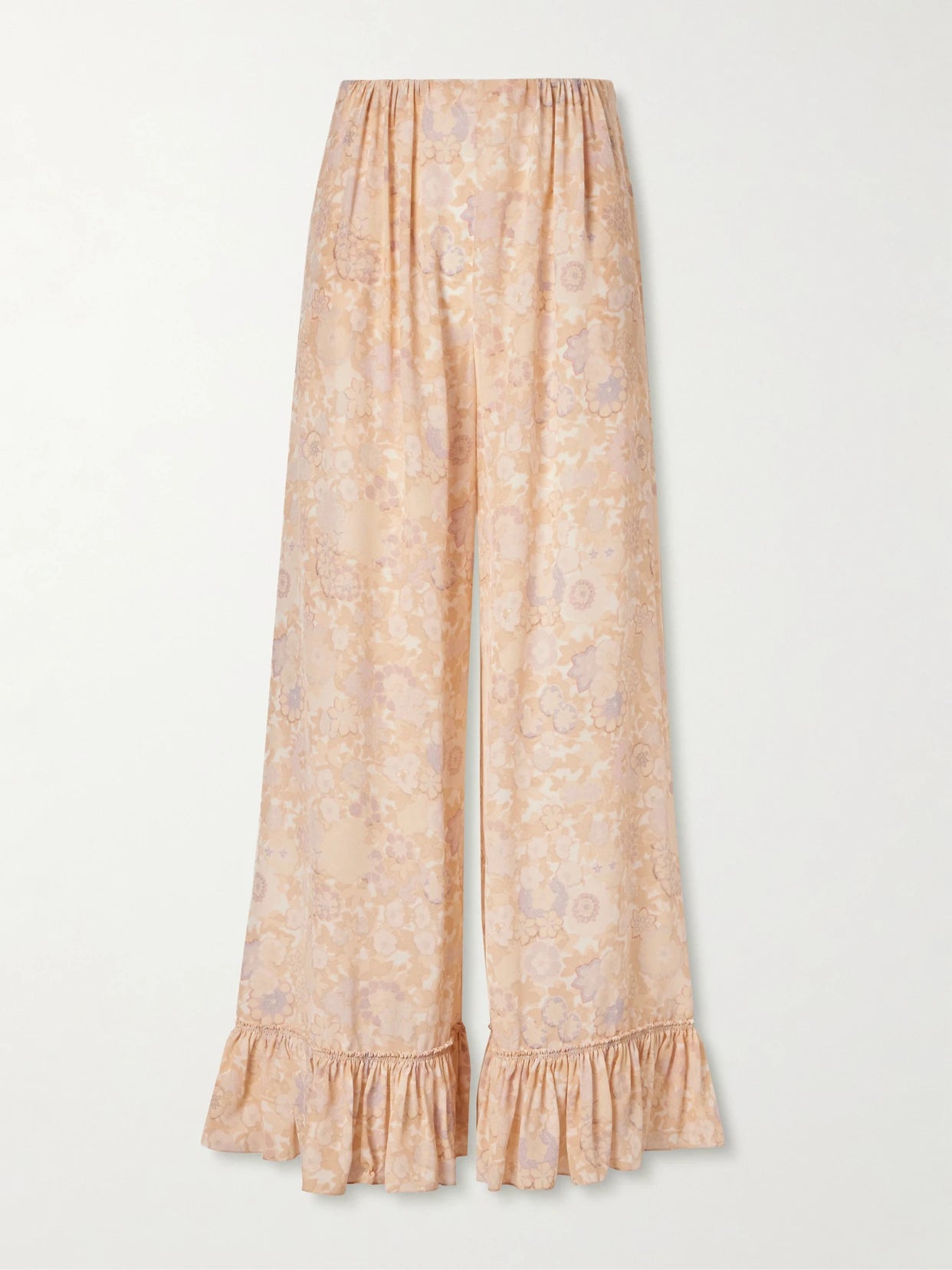 Ruffled Floral-print Silk-charmeuse Wide-leg Pants