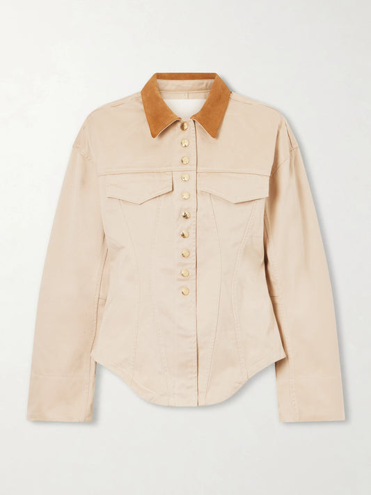 Image of Coats & Jackets. Product name - The Lennox Suede-trimmed Organic Cotton-twill Jacket in Taupe colour by brand - RÙADH