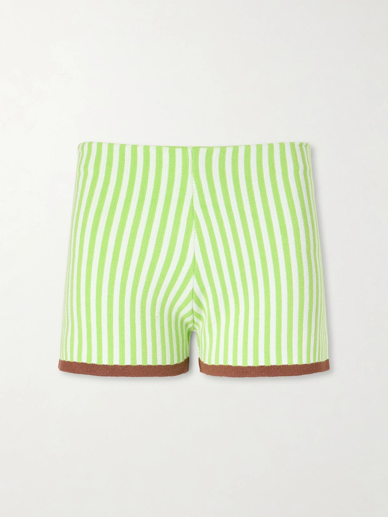 Image of a model wearing Shorts. Product name - Bella Striped Cotton-blend Shorts in Green colour by brand - Haight