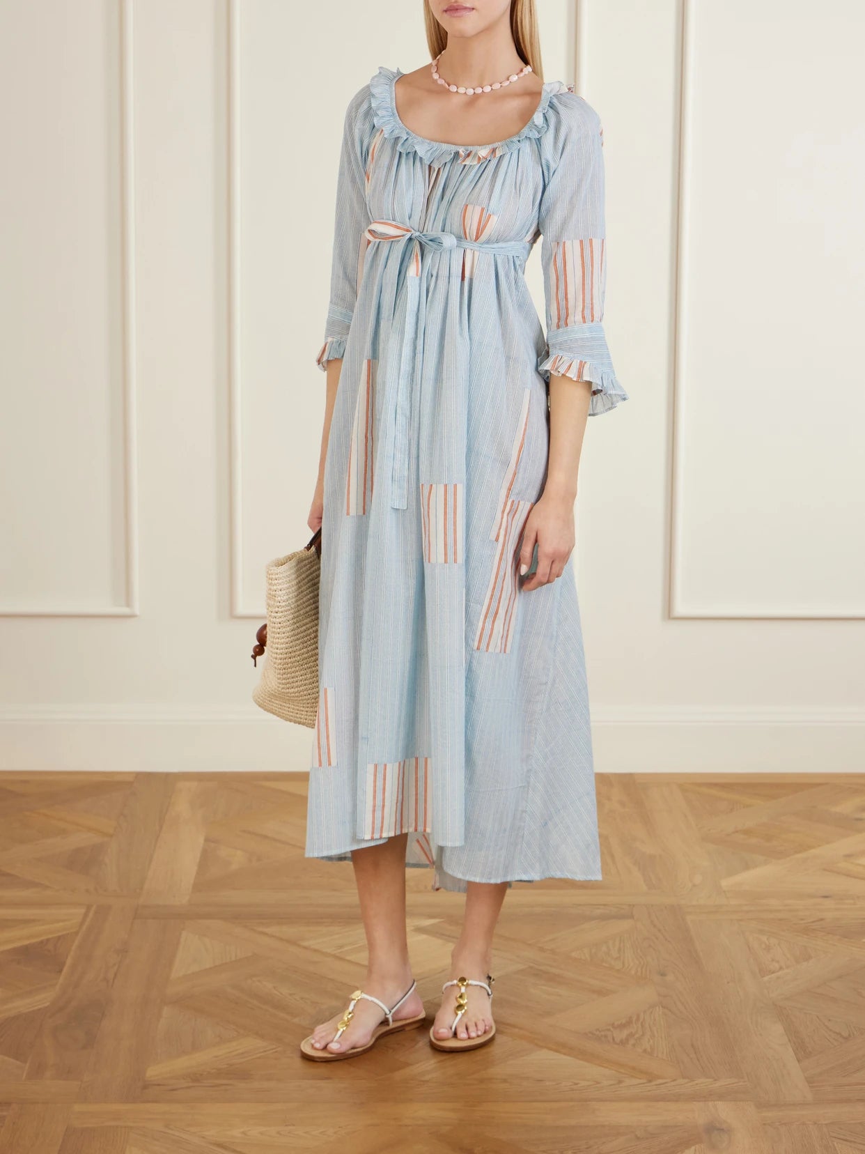 Image of Dresses. Product name - Antoinette Ruffled Printed Cotton-voile Midi Dress in Blue colour by brand - Thierry Colson