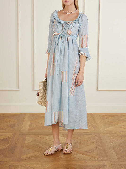 Image of Dresses. Product name - Antoinette Ruffled Printed Cotton-voile Midi Dress in Blue colour by brand - Thierry Colson