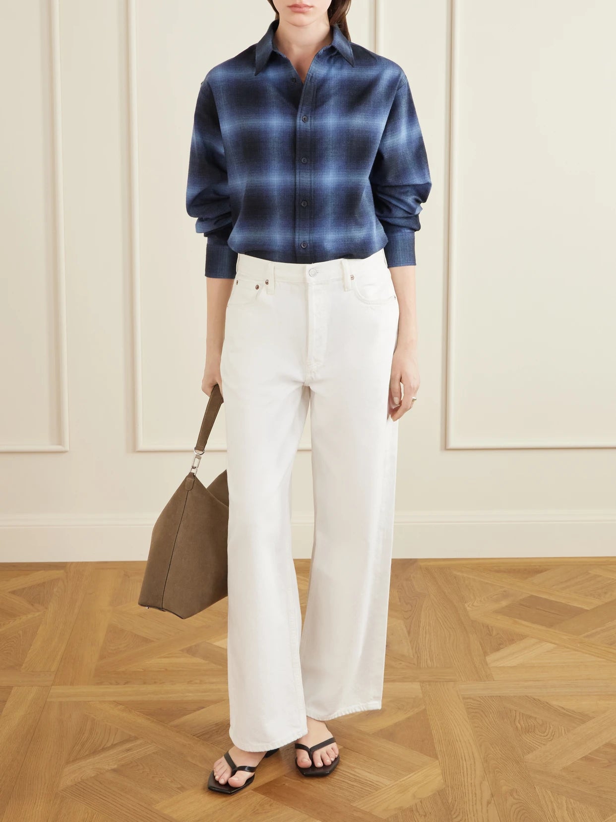 Image of a model wearing Tops. Product name - Checked Cotton-flannel Shirt in Navy colour by brand - Matteau