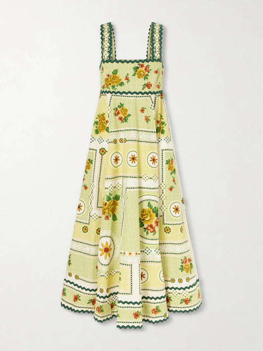 Image of Dresses. Product name - Dixie Pleated Floral-print Cotton-poplin Midi Dress in Green colour by brand - ALÉMAIS