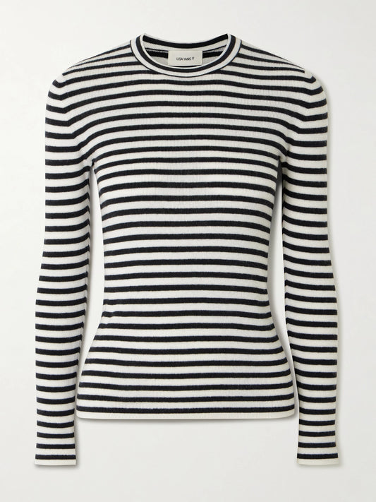 Image of a model wearing Outerwear. Product name - Vivian Striped Ribbed Cotton And Cashmere-blend Top in Black colour by brand - LISA YANG