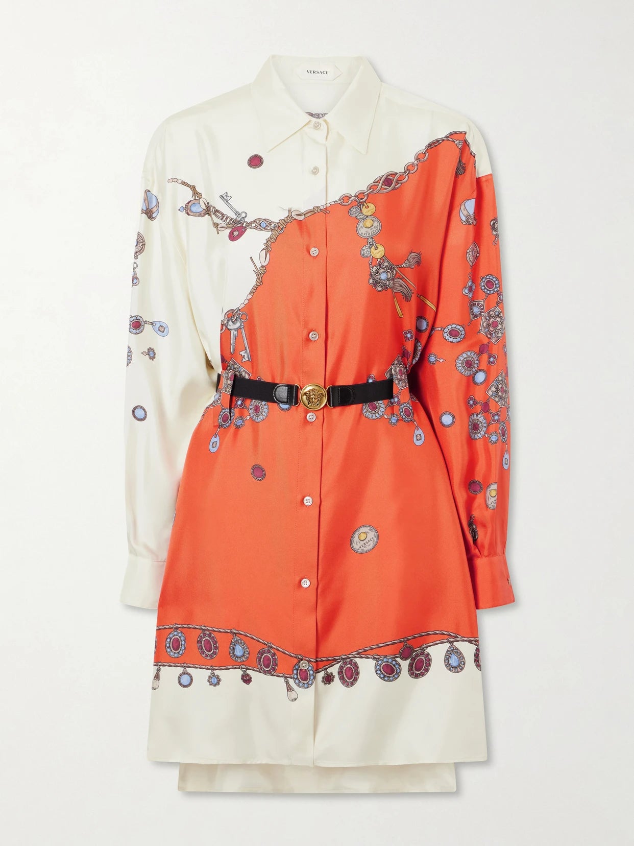 Stolen Jewels Medusa-embellished Belted Printed Silk-twill Mini Dress