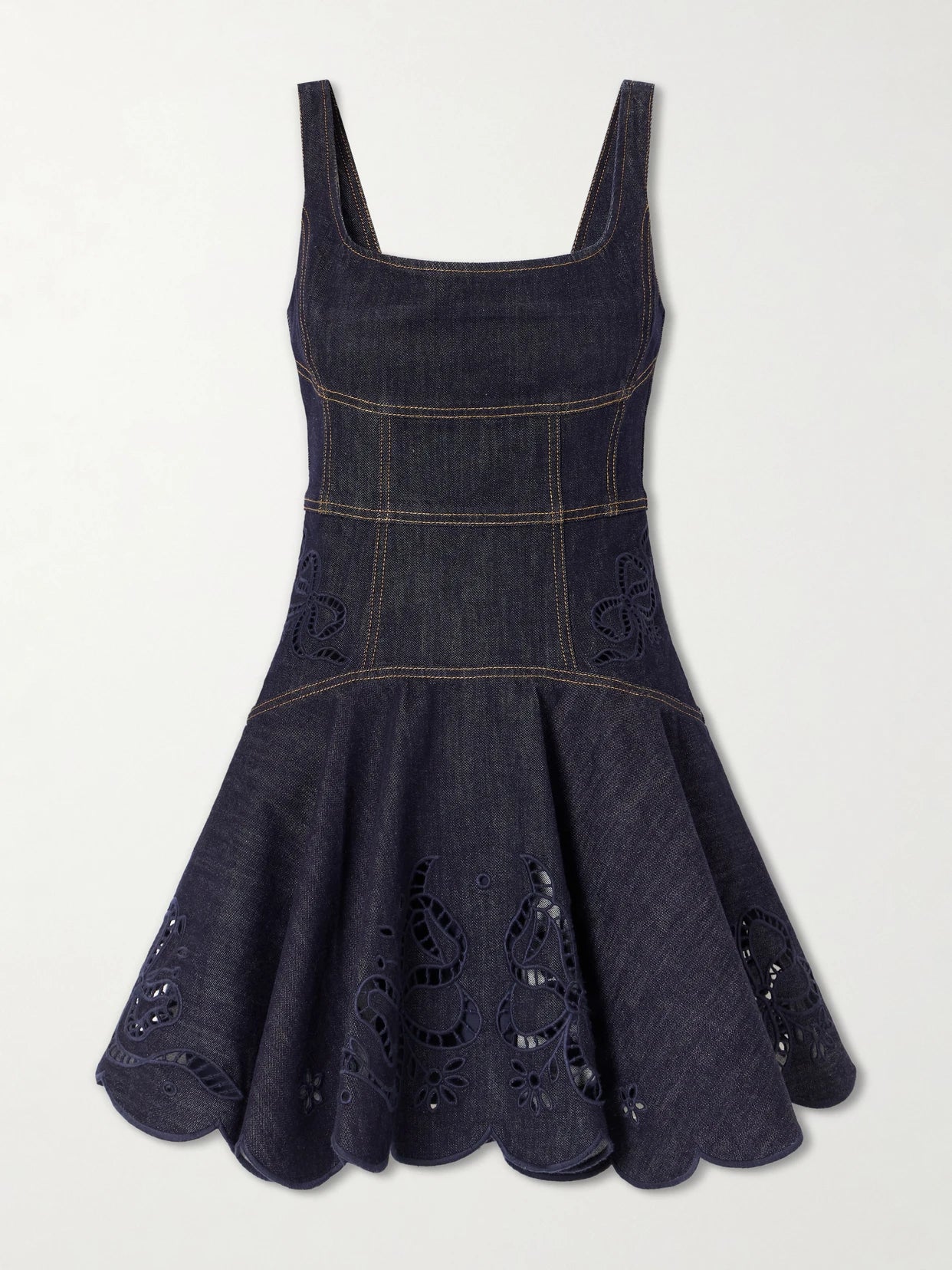 Image of Dresses. Product name - Embroidered Denim Mini Dress in Blue colour by brand - Self-Portrait