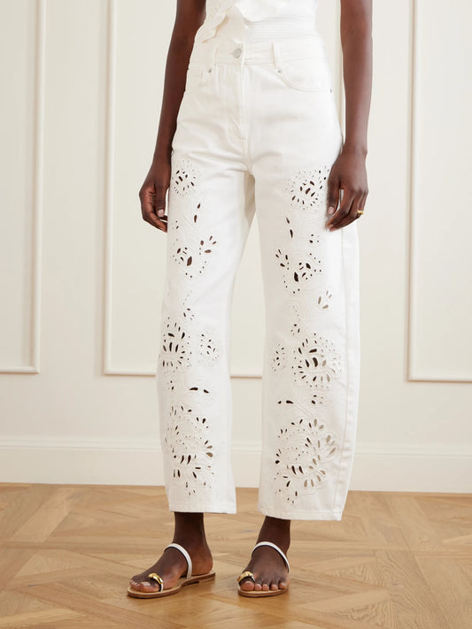 Richelieu Broderie Anglaise-trimmed Mid-rise Straight-leg Jeans