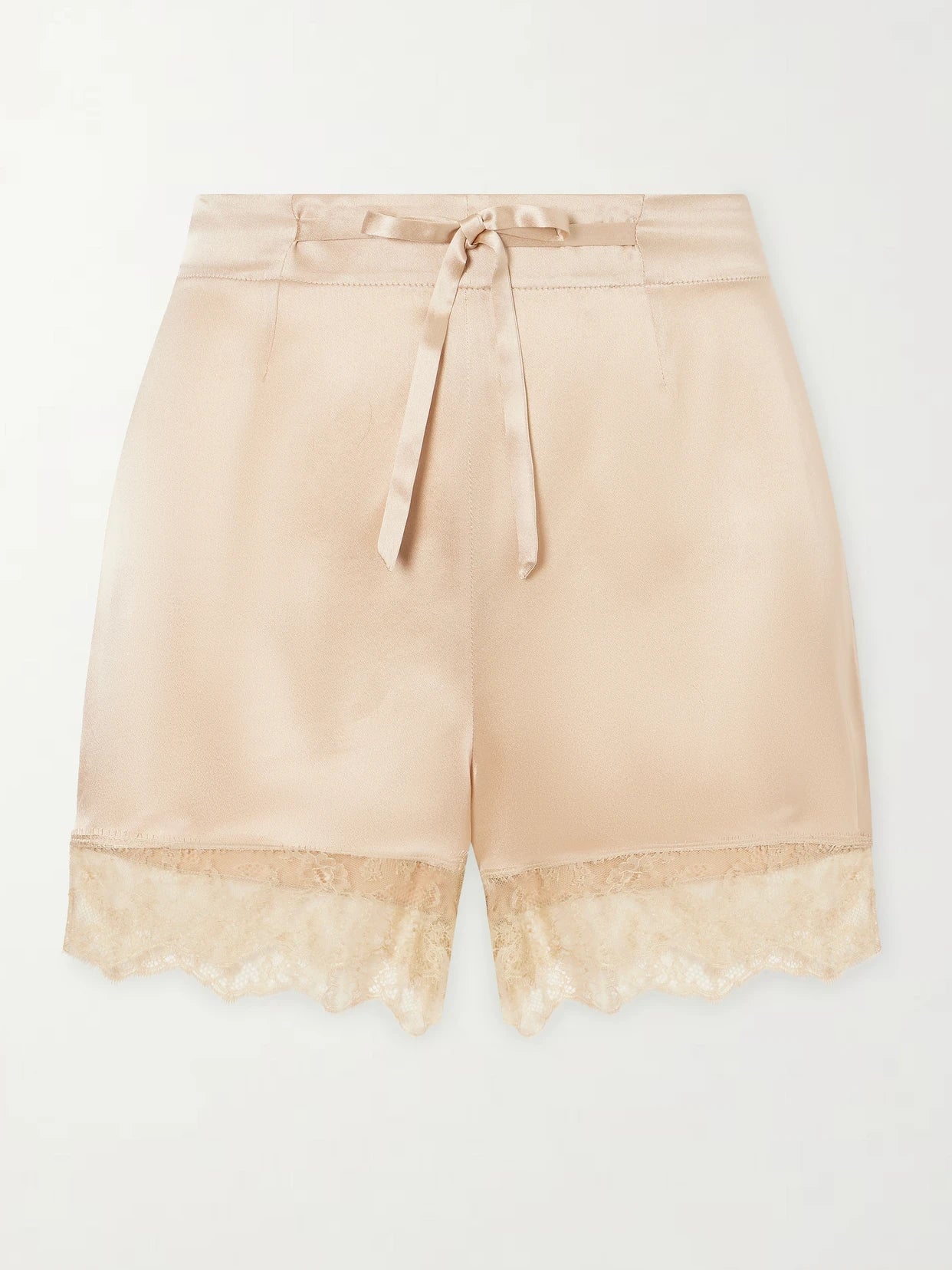 Image of a model wearing Shorts. Product name - Lace-trimmed Silk-satin Shorts in Beige colour by brand - Carine Gilson