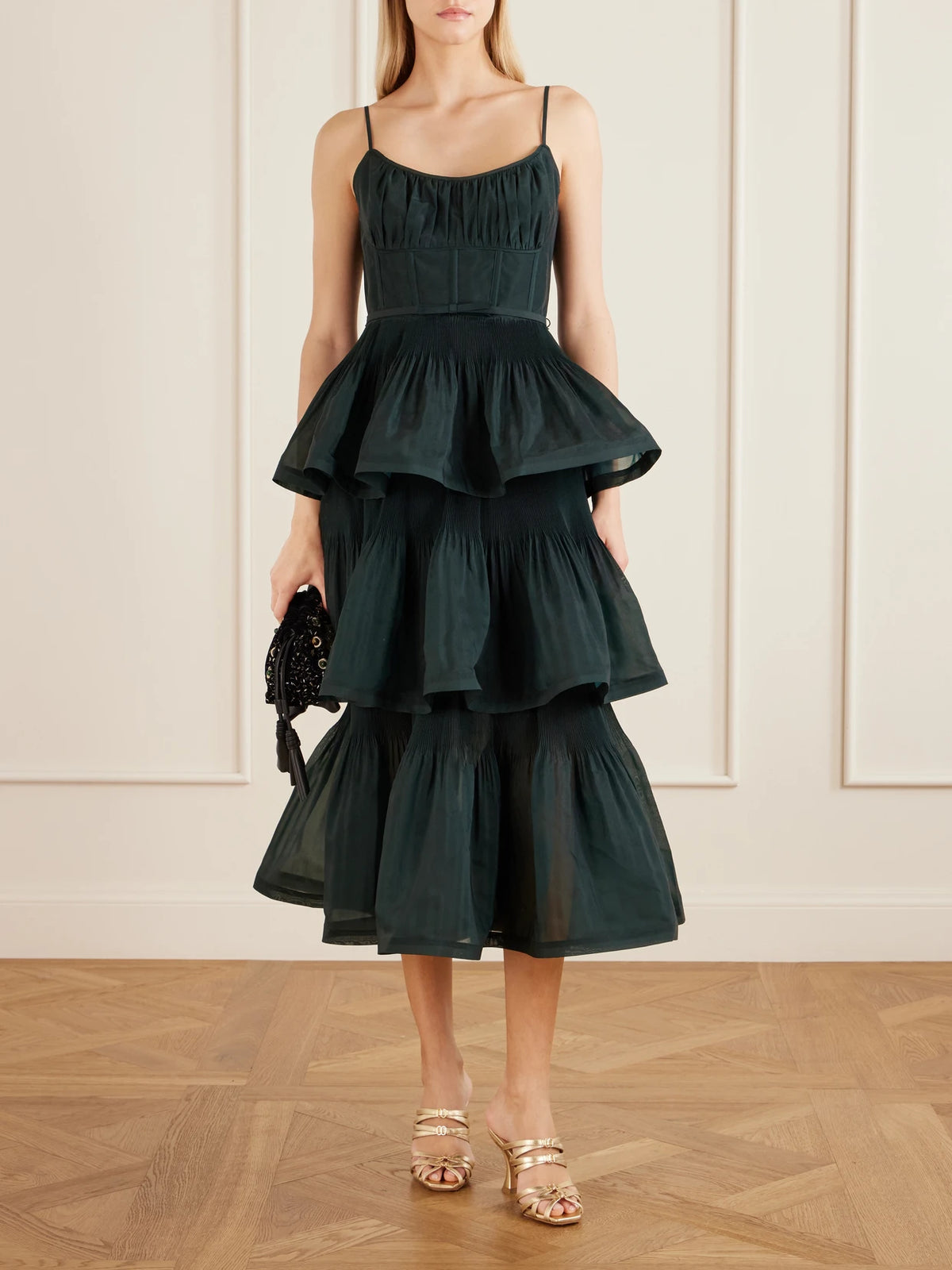 Image of Dresses. Product name - Belted Tiered Chiffon Midi Dress in Green colour by brand - Zimmermann