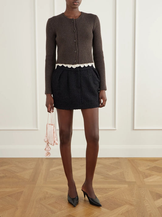 Image of a model wearing Outerwear. Product name - Crochet-knit Trimmed Ribbed Cashmere Cardigan in Brown colour by brand - Magda Butrym