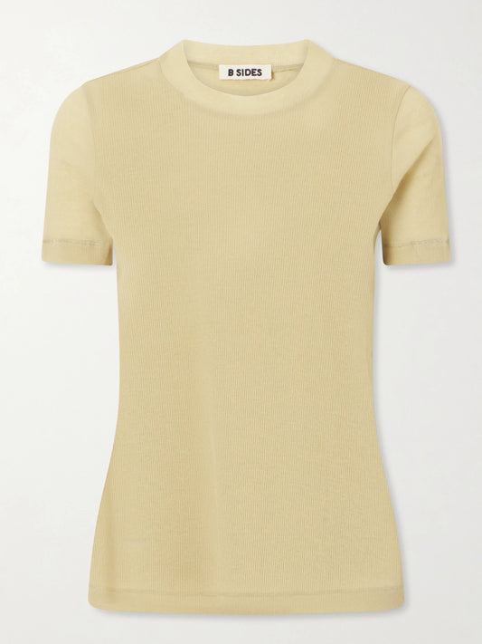 Image of a model wearing Tops. Product name - Vivien Ribbed Cotton-blend T-shirt in Camel colour by brand - B SIDES