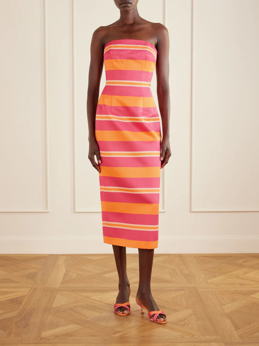 Image of Dresses. Product name - + Manolo Blahnik Leila Striped Taffeta-faille Midi Dress in Bright pink colour by brand - Emilia Wickstead