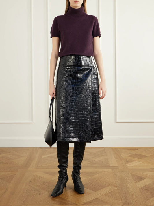 Image of a model wearing Skirts. Product name - Croc-effect Glossed Midi Skirt in Black colour by brand - Sportmax