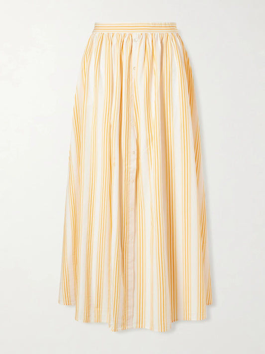 Image of a model wearing Skirts. Product name - Easy Does It Pleated Striped Cotton-poplin Midi Skirt in Orange colour by brand - Rosie Assoulin