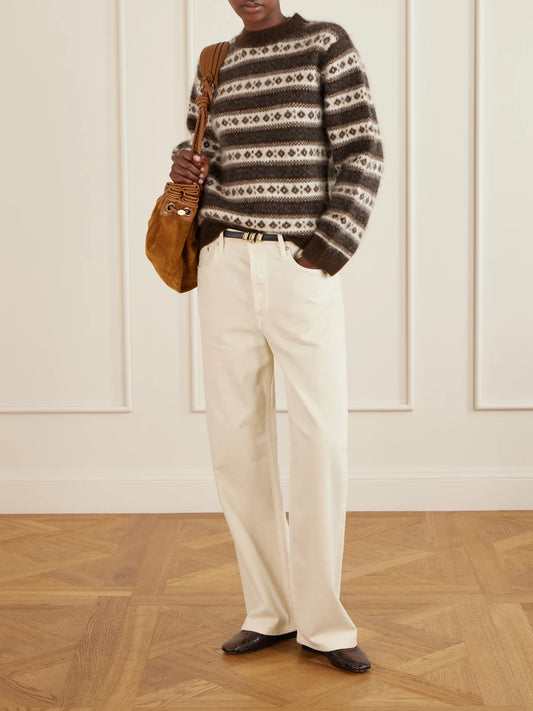 Image of a model wearing Outerwear. Product name - Myles Striped Intarsia-knit Wool Sweater in Multi colour by brand - DÔEN