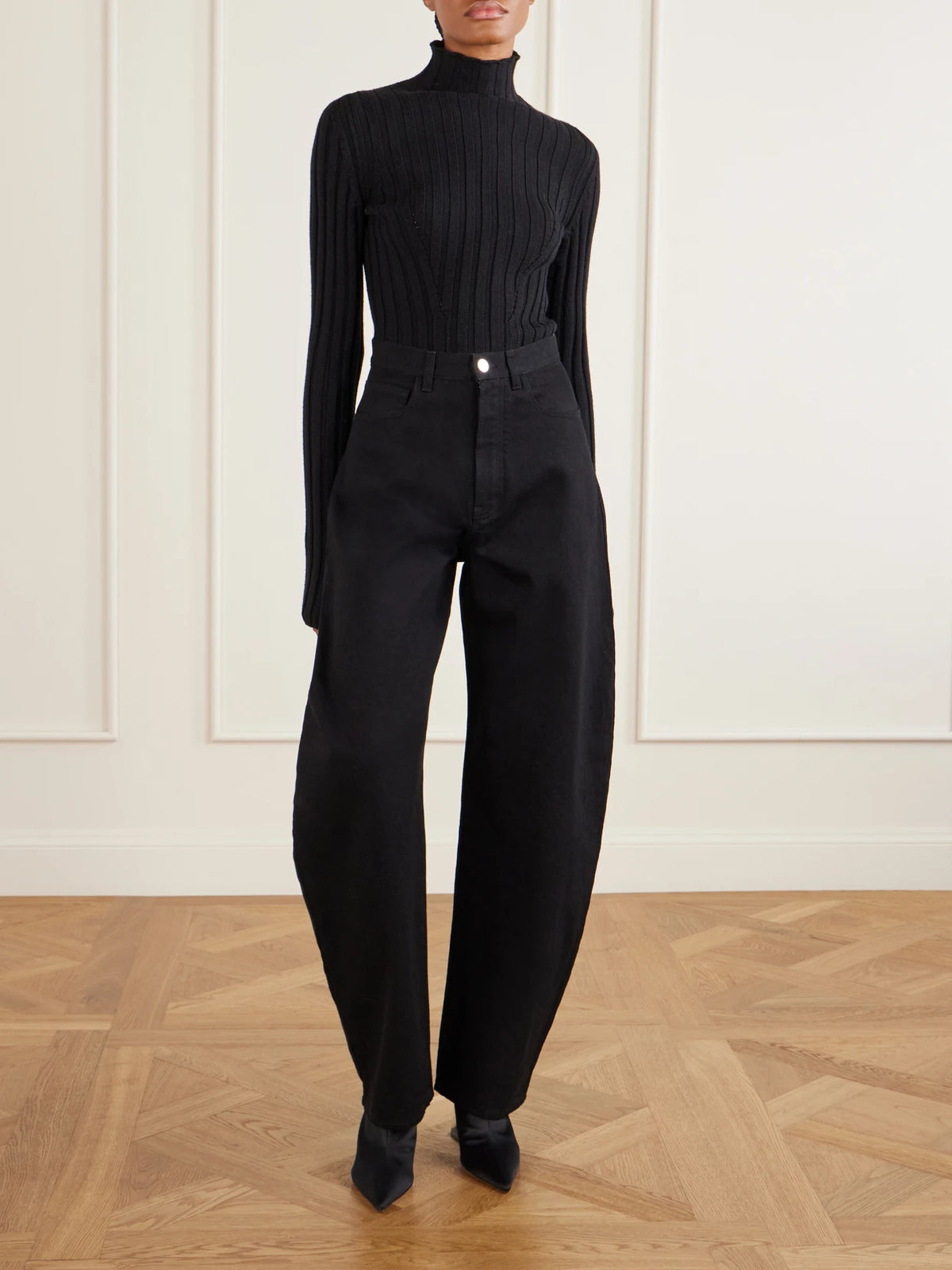 Image of Heels. Product name - 90 Satin Wedge Mules in Black colour by brand - Alaïa