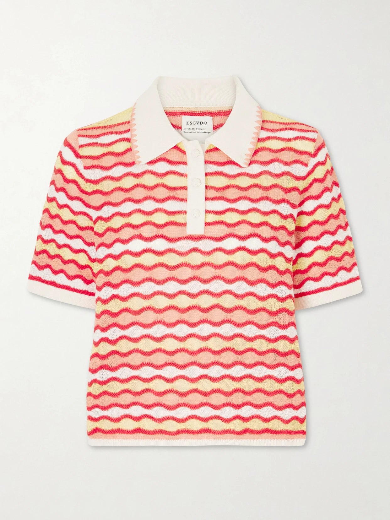 Image of a model wearing Outerwear. Product name - Mullu Striped Crocheted Cotton Polo Shirt in Pink colour by brand - ESCVDO
