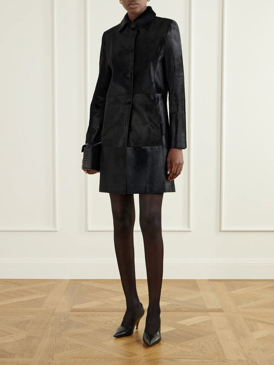 Image of Coats & Jackets. Product name - Stella Paneled Calf Hair Coat in Black colour by brand - Nour Hammour